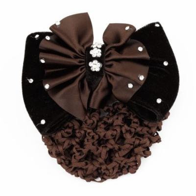 Rhinestone Adorn Brown Black Bow Hair Clip Snood Net Bun Cover Hairpin