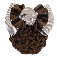 Lady Striped Print Bowknot Barrette Hair Clip Cover Mesh Bun Net Snood