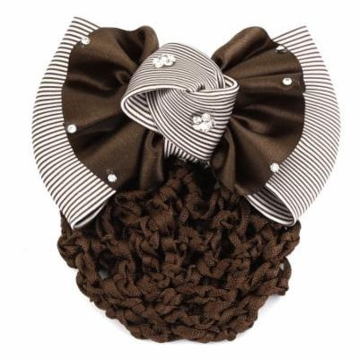 Lady Striped Print Bowknot Barrette Hair Clip Cover Mesh Bun Net Snood