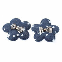 Dark Blue Flower Design Bow Accent Sponge Padded Alligator Hair Clip Pair