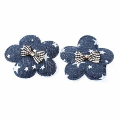 Dark Blue Flower Design Bow Accent Sponge Padded Alligator Hair Clip Pair