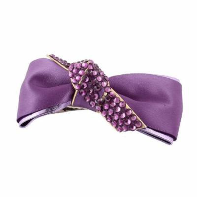 Girls Plastic Rhinestones Decor Purple Bow Tie Ornament Metal Hair Clip Barrette