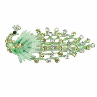 Ladies Glittery Rhinestone Accent Peacock French Clip Hair Barrette Light Green
