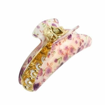 Light Purple Flowers Print Spring Loaded Hair Claw Clip Holder Beige for Woman