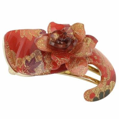 Red Flower Decor S Shaped Gold Tone Alligator Hair Clip Hairclip for Lady
