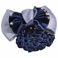 Ladies Navy Blue White Striped Bowtie Decor Barrette Hair Clip Snood Net