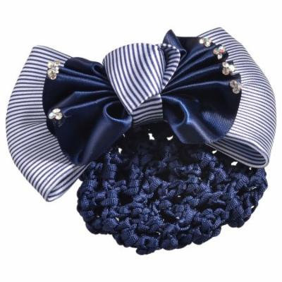 Ladies Navy Blue White Striped Bowtie Decor Barrette Hair Clip Snood Net