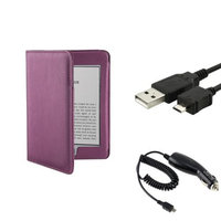 Insten INSTEN Purple PU Leather Skin Case Pouch+Data Cable+Car Charger For Amazon Kindle Touch