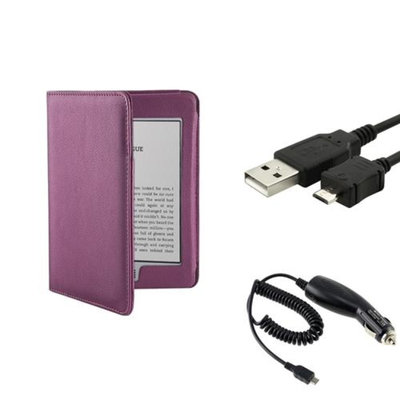 Insten INSTEN Purple PU Leather Skin Case Pouch+Data Cable+Car Charger For Amazon Kindle Touch