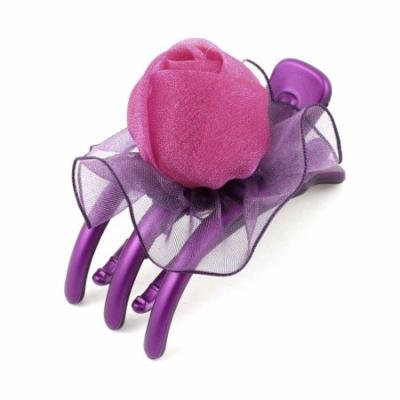 Lady Fuchsia Organza Rose Decor 3 Teeth Side Hair Claw Clip Clamp Purple