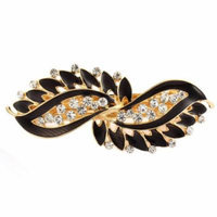 Lady Rhinestone Inlaid Leaf Style Spring Loaded Hair Barrette Clip Black