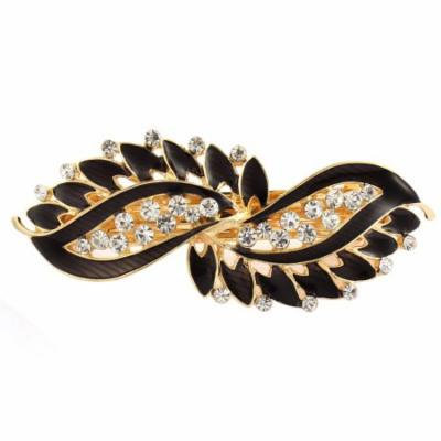 Lady Rhinestone Inlaid Leaf Style Spring Loaded Hair Barrette Clip Black