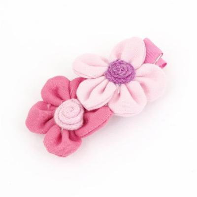 Schoolgirl Nylon Double Flower Detail Hair Clips Barrettes Pink Fuchsia