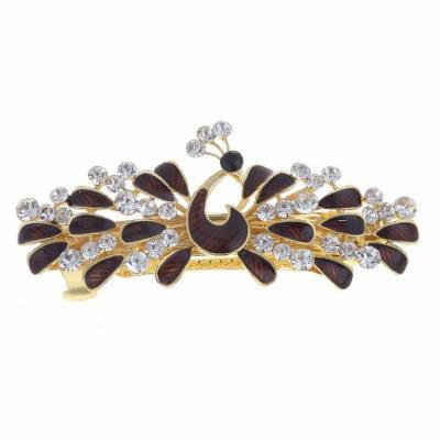 Woman Burgundy Peacock Shaped Metal Barrette Hairclip French Clip Gold Tone