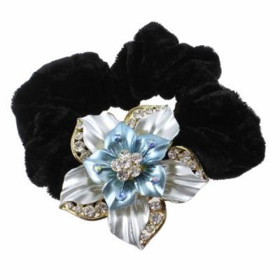 Rhinestone Blue Flower Velvet Hair Tie Band Ponytail Braid Holder Elastics Black