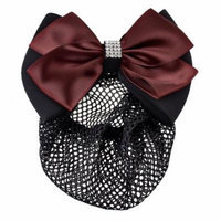 Women Black Burgundy Ruffled Bowtie Decor Barrette Hair Clip Snood Net