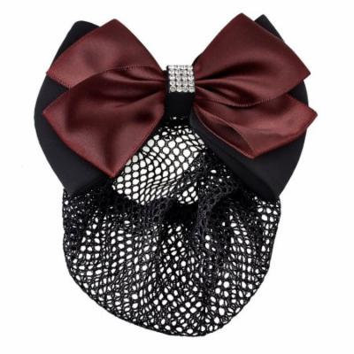 Women Black Burgundy Ruffled Bowtie Decor Barrette Hair Clip Snood Net