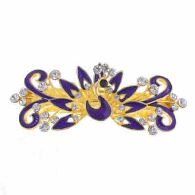 Woman Royal Blue Peacock Design Metal Barrette Hairclip French Clip Gold Tone