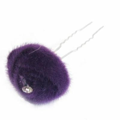 Purple Plush Flower Rhinestone Inlaying Metal Prong Hair Pin for Women Ladies