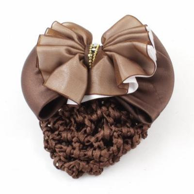Woman Coffee Color Draped Bow Tie Accent French Barrette Hair Clip w Snood Net