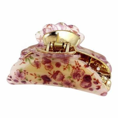 Pink Metal Spring Loaded Flower Pattern Plastic Claws Hair Clip for Lady