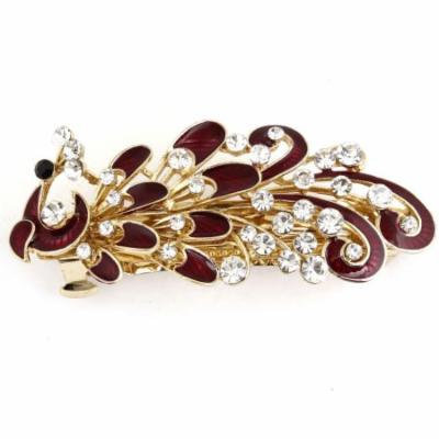 Women Red Peacock Design Rhinestones Decor Metal French Hair Clip Barrette