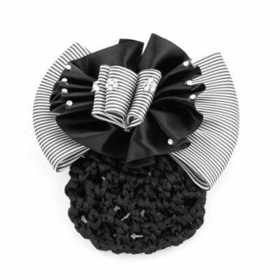 Lady Black White Rhinestone Flower Bowtie Accent Hairnet Snood Net Hair Clip