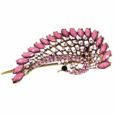 Plastic Crystal Peacock Alligator Hair Clip Barrette Fuchsia Bronze Tone