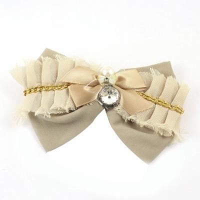 Women Metal Clain Detail Khaki Chiffon Bowtie Single Prong Alligator Hair Clips