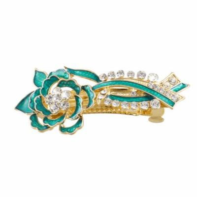 Gold Tone Metal French Clip Turquoise Green Flower Design Hair Clip Barrette