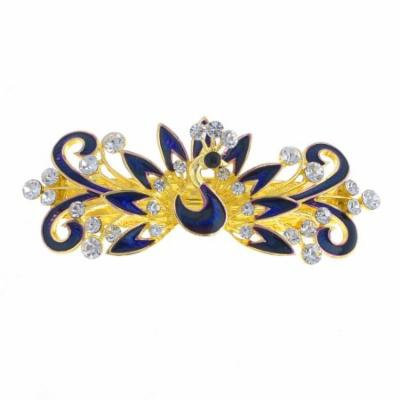 Woman Dark Purple Peacock Shaped Metal Barrette Hairclip French Clip Gold Tone
