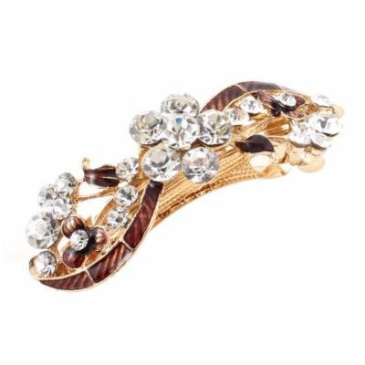 Gold Tone Metal French Hair Clip Champagne Flower Rhinestone Decor