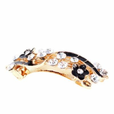 Girls Twinkling Rhinestone Flowers Decoration Black Gold Tone Metal Hair Clip