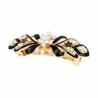 Lady Rhinestone Decor Flower Design French Barrette Hair Clip Gold Tone Black