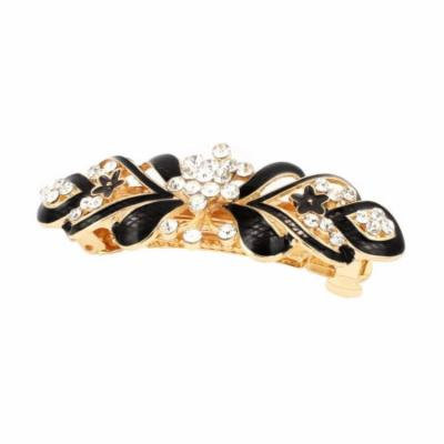 Lady Rhinestone Decor Flower Design French Barrette Hair Clip Gold Tone Black