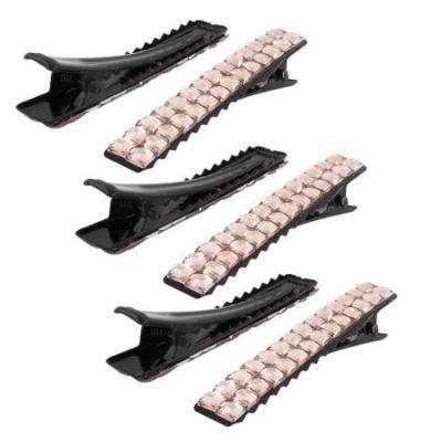 Lady Pink Rhinestone Inlaid Single Prong Alligator Hairclip Barrette 6 Pcs