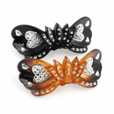 Pair Rhinestone Inlaid Silver Tone Heart Shape Print Hair Clips Black Brown