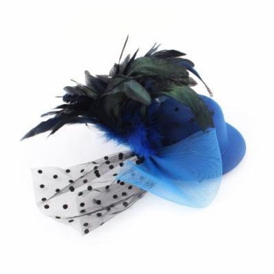 Ladies Nylon Mesh Feather Decor Pillbox Top Hat Fascinator Hair Clip Blue
