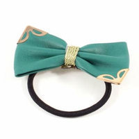 Metallic Detail Dark Green Bow Tie Stretch Hair Rubber Band Ponytail Holder