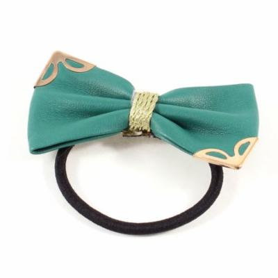 Metallic Detail Dark Green Bow Tie Stretch Hair Rubber Band Ponytail Holder