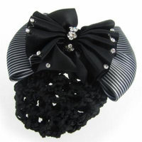 Women French Clip White Black Striped Bowknot Detail Hairclip Hairnet