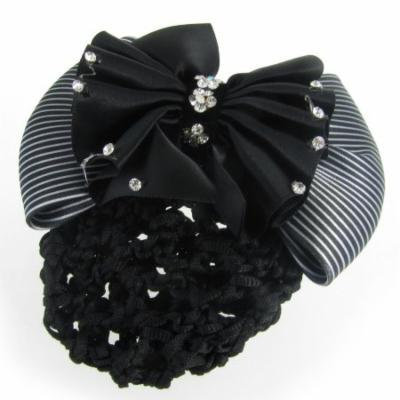 Women French Clip White Black Striped Bowknot Detail Hairclip Hairnet