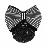 Lady Stripe Pattern Rhinestone Decor Bowknot Snood Net Barrette Hair Clip
