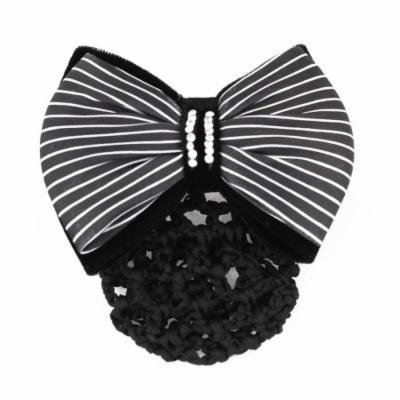 Lady Stripe Pattern Rhinestone Decor Bowknot Snood Net Barrette Hair Clip