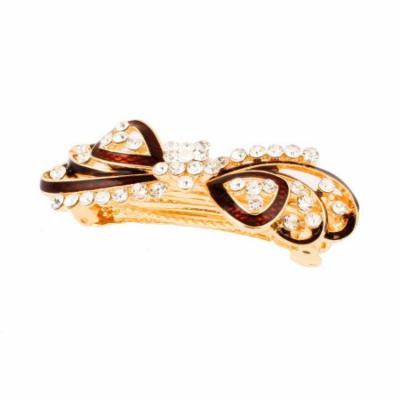 Lady Rhinestone Decor Bowknot Design Metal Hair Clip Barrette Gold Tone Brown