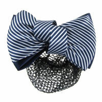 Woman White Blue 2 Tiers Striped Bow Decor Hair Clip w Hairnet Snood