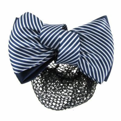 Woman White Blue 2 Tiers Striped Bow Decor Hair Clip w Hairnet Snood