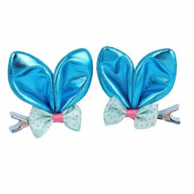 Nylon Girl Sparkly Rabbit Ear Bowknot Ornament Hair Clip Blue 2 Pcs