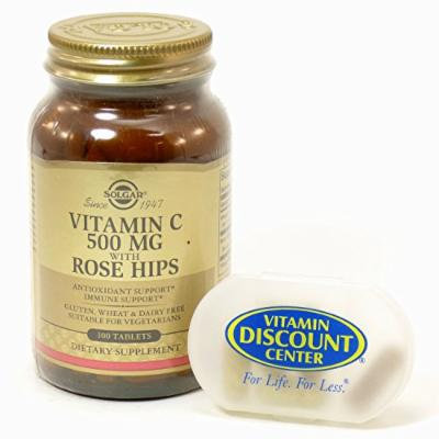 Bundle - 2 Items: 1 Bottle of Vitamin C 500 mg with Rose Hips Tablets By Solgar - 100 Count and 1 VDC Pill Box