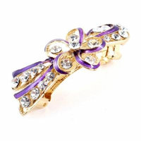 Lady Wedding Party Flower Plastic Rhinestone Barrette French Hair Clip Purple